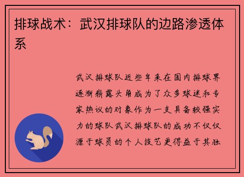 排球战术：武汉排球队的边路渗透体系