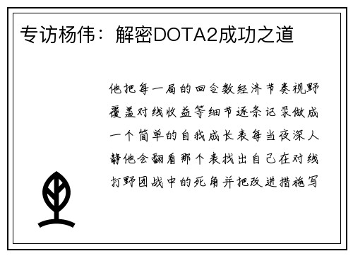 专访杨伟：解密DOTA2成功之道